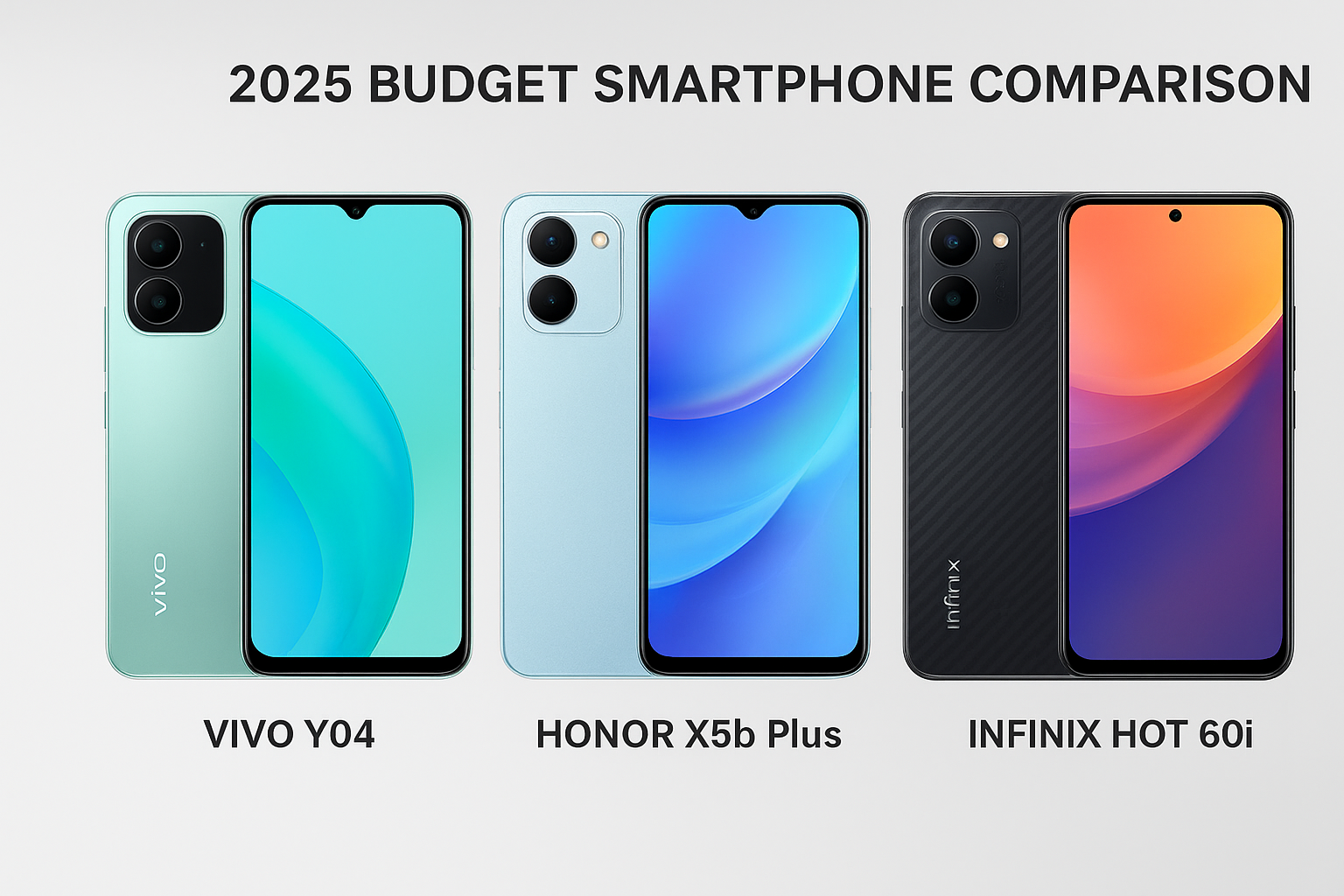 ২০২৫ সালের বাজেট স্মার্টফোন তুলনা: Vivo Y04 vs Honor X5b Plus vs Infinix Hot 60i